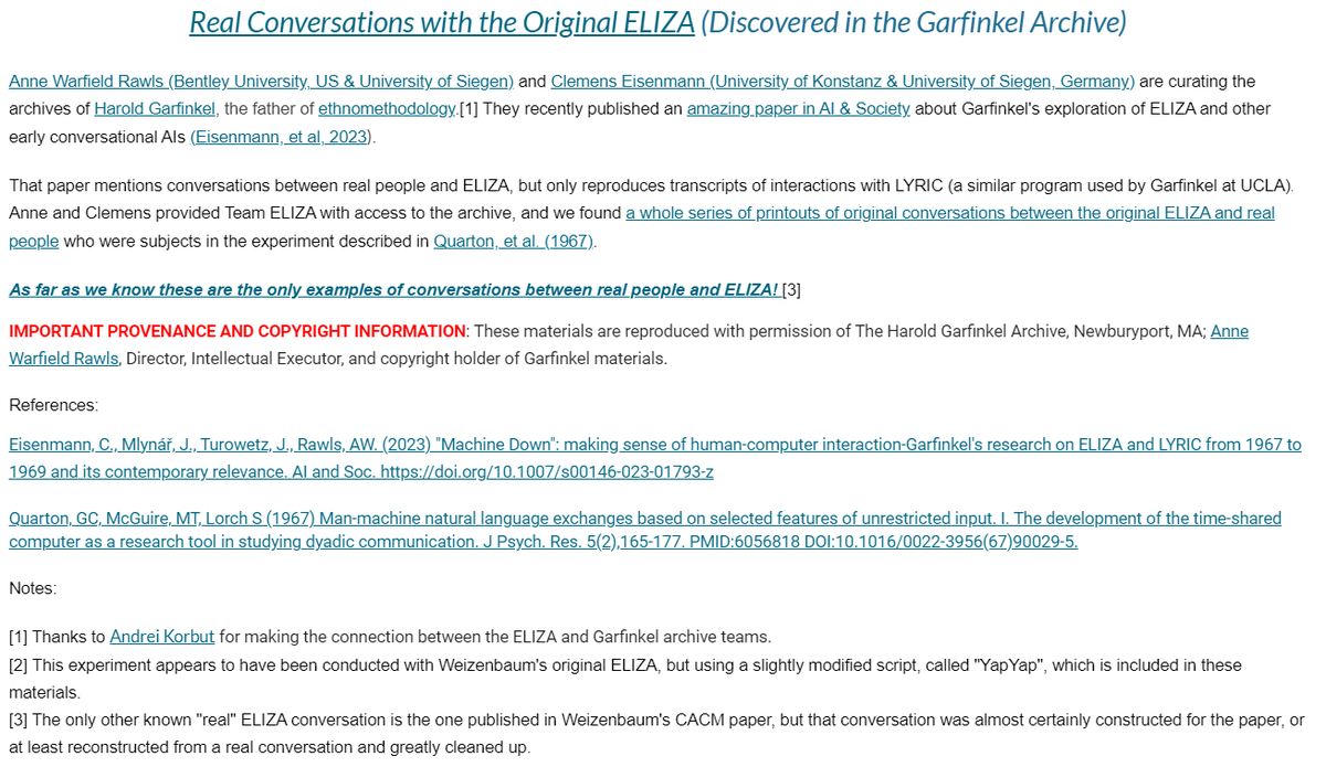 When we worked on Garfinkel's early studies of "AI" technology, we knew the archival materials are special but had no idea how unique they are... And that they're in fact the only known examples of conversations with the original ELIZA. Scans are out now: t.ly/sEEbY