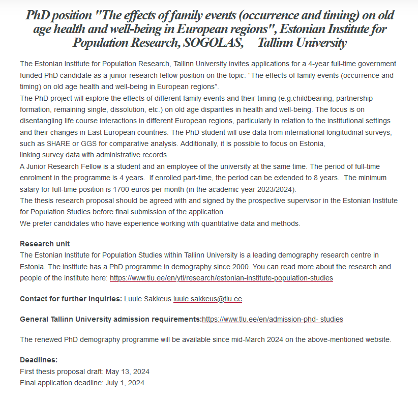 estpop's tweet photo. Looking for a funded #PhD position?

Then contact us and apply to study life course events related to mid- &amp; later life well-being and health in Europe, using @SHARE_MEA and @GGP_i data, and 🇪🇪 admin data.

https://t.co/YoeQOrK7hN

#poptwitter
#soctwitter https://t.co/9JvteLAjCm
