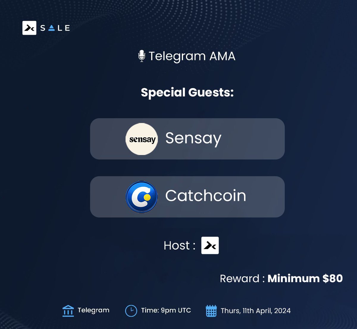 🚨 Unlocking the Future of DeFi - DxSale's Exclusive Telegram AMA Session 🏆 🕒 Time and date: 11th of April - 9pm UTC 🏟️ AMA location: t.me/dxsale 🎙️Special Panel @asksensay @catchcoinmeta 🎯 AMA Giveaway and instructions 1⃣ Follow @dxsale and join the telegram…