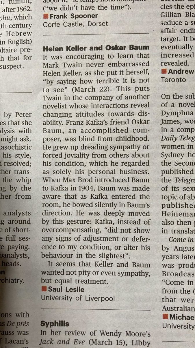 I’m dropping names like ee cummings scatters poems: Helen Keller, Twain, Kafka, Max Brod, Oskar Baum on disability in this week’s <a href="/TheTLS/">The TLS</a>