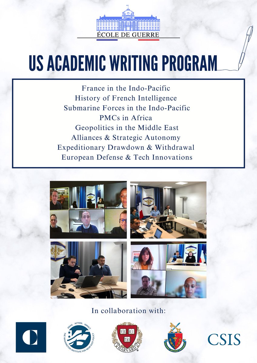 Grateful to @NDU_EDU, @CarnegieEndow, @Kennedy_School, @WashInstitute, and @CSIS for collaborating with @ecoledeguerre's US Academic Writing Program. Our officers met with experts from with these leading institutions to refine their drafts. Once again an invaluable exchange!