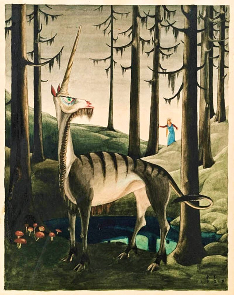 Here is Franz Sedlacek’s The Unicorn (1925) for #NationalUnicornDay. In European folklore, the unicorn is often depicted somewhat like a goat with a goat’s beard and cloven hooves.