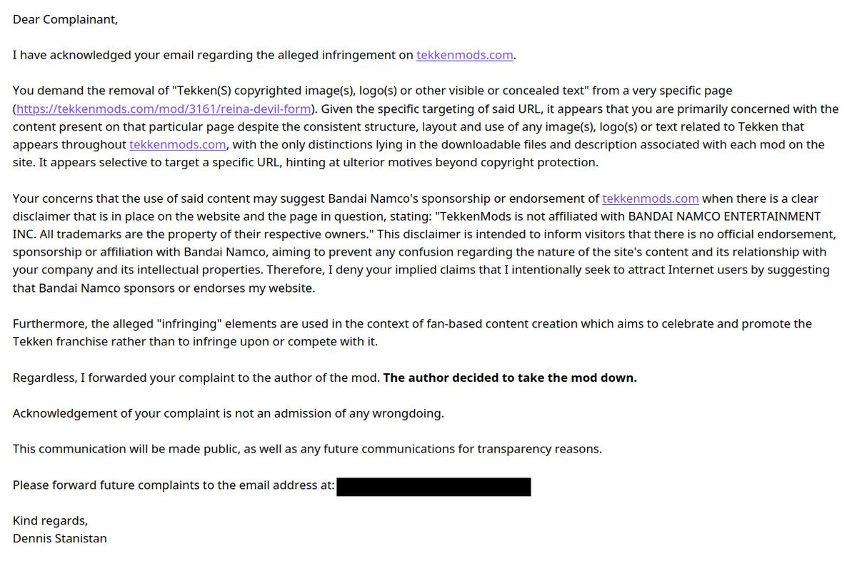 bandai namco's sent a notice of infringement to tekkenmods
