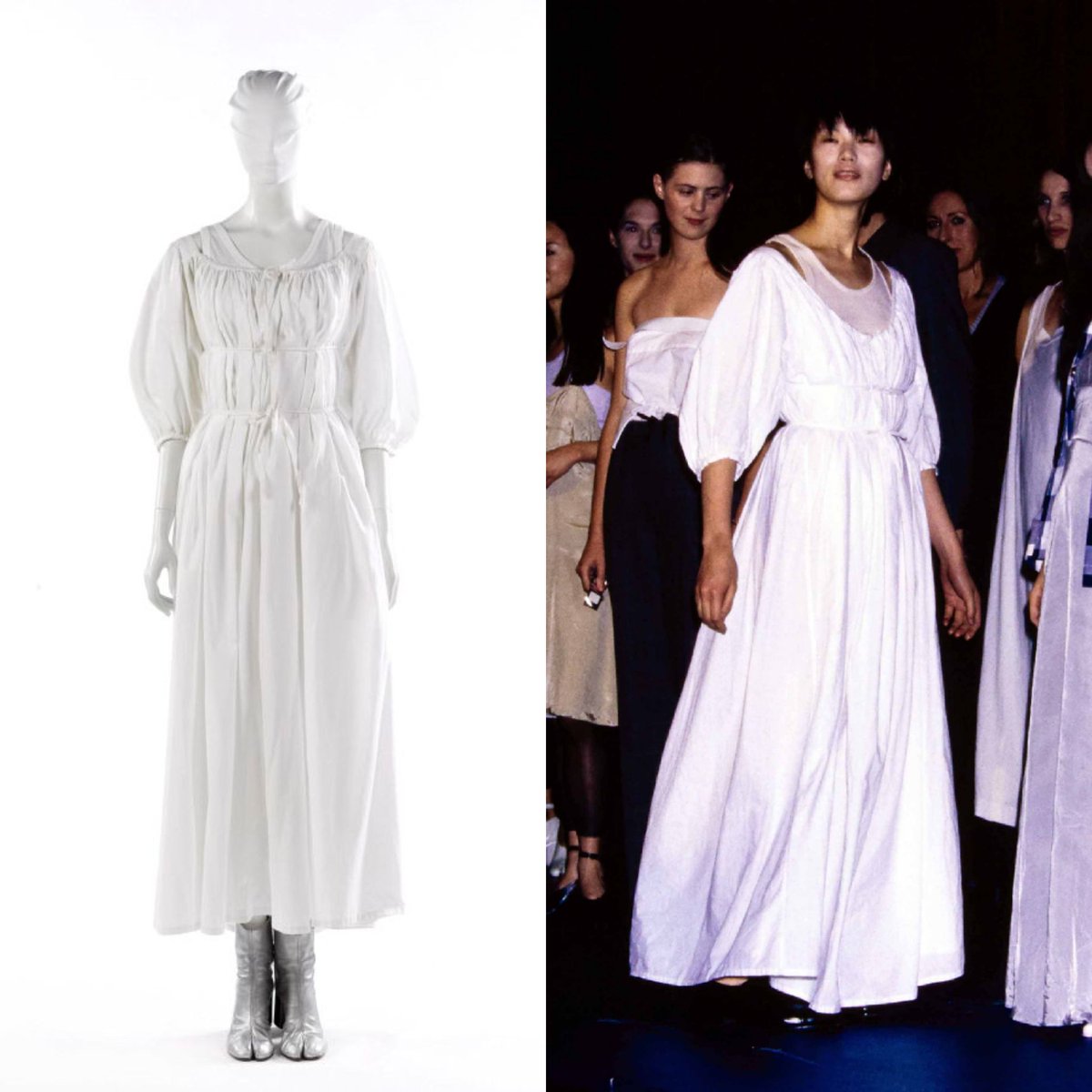 Belgian fashion designer Martin Margiela, the founder of fashion house Maison Margiela, was born #OnThisDay in 1957. He designed this white cotton dress, based on a c. 1785 chemise, for his S/S 1995 ready-to-wear collection. @PalaisGalliera collection. #fashiondesigner #dress