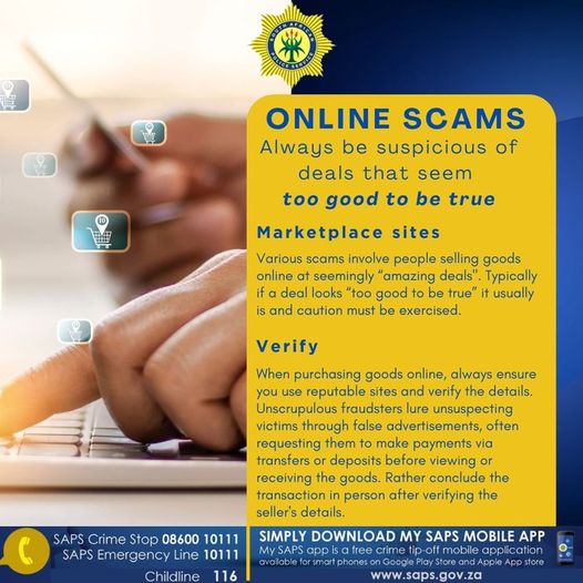 Scams can cost people a lot of money and cause a great deal of distress. By following these simple tips, you can protect yourself against #OnlineScams. #InternetSafety @GovernmentZA @GautengProvince @SAPoliceService