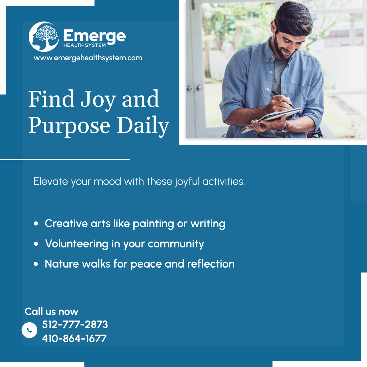 EmergeSystem's tweet photo. Discovering activities that bring joy and a sense of purpose can transform your mental well-being. Whether through artistic expression, giving back, or connecting with nature, these pursuits can enhance your life.

#SanAntonioTexas #PsychiatricCareAndConsultancyServices https://t.co/FRv3SrsXb0