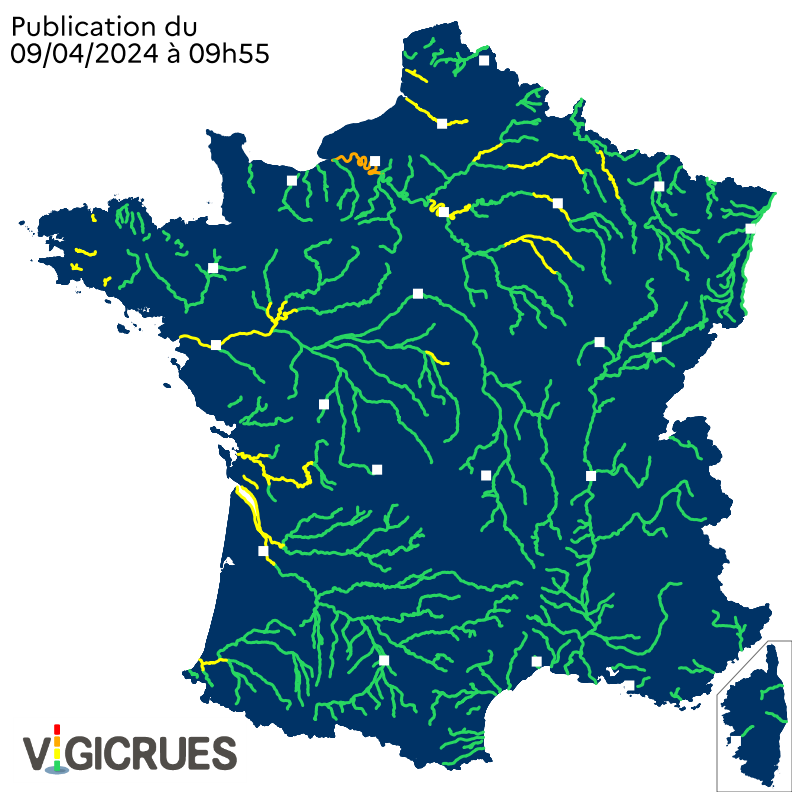 Maintien en #vigilanceOrange crues #Seine aval dans l'#Eure et la #SeineMaritime pour la pleine mer de cet après-midi. Fin de la #vigilanceOrange crues sur les autres estuaires et fleuves côtiers de la façade atlantique. Restez informés sur vigicrues.gouv.fr