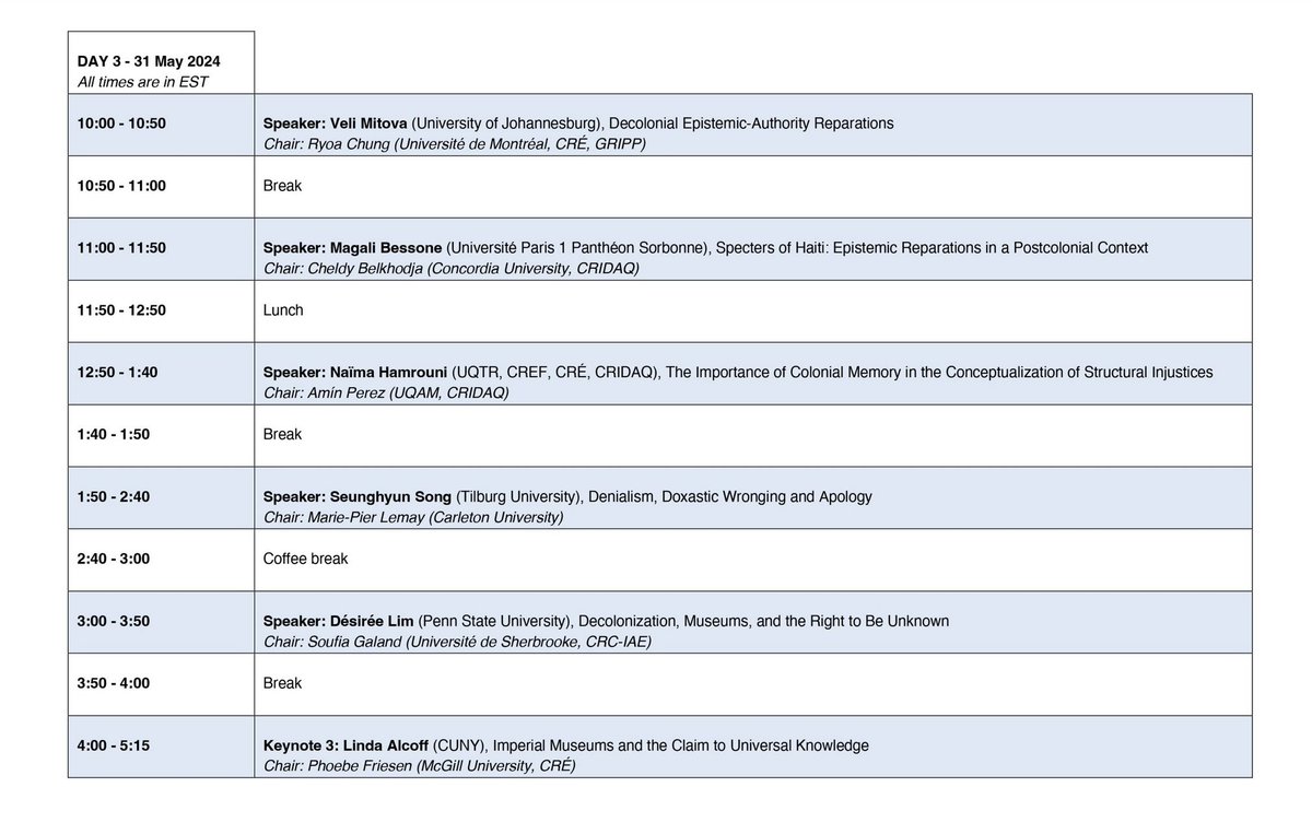 The lineup of this free online conference on Epistemic Oppression and Decolonization May 29-31 is incredible... Linda Alcoff, Gaile Pohlhaus, José Medina, Emma Velez, @E_BayrunsGarcia, Briana Toole, Tempest Henning, Rebecca Tsosie, Rachel Jones, more 👀👀 crc-iae.com/events/?lang=en