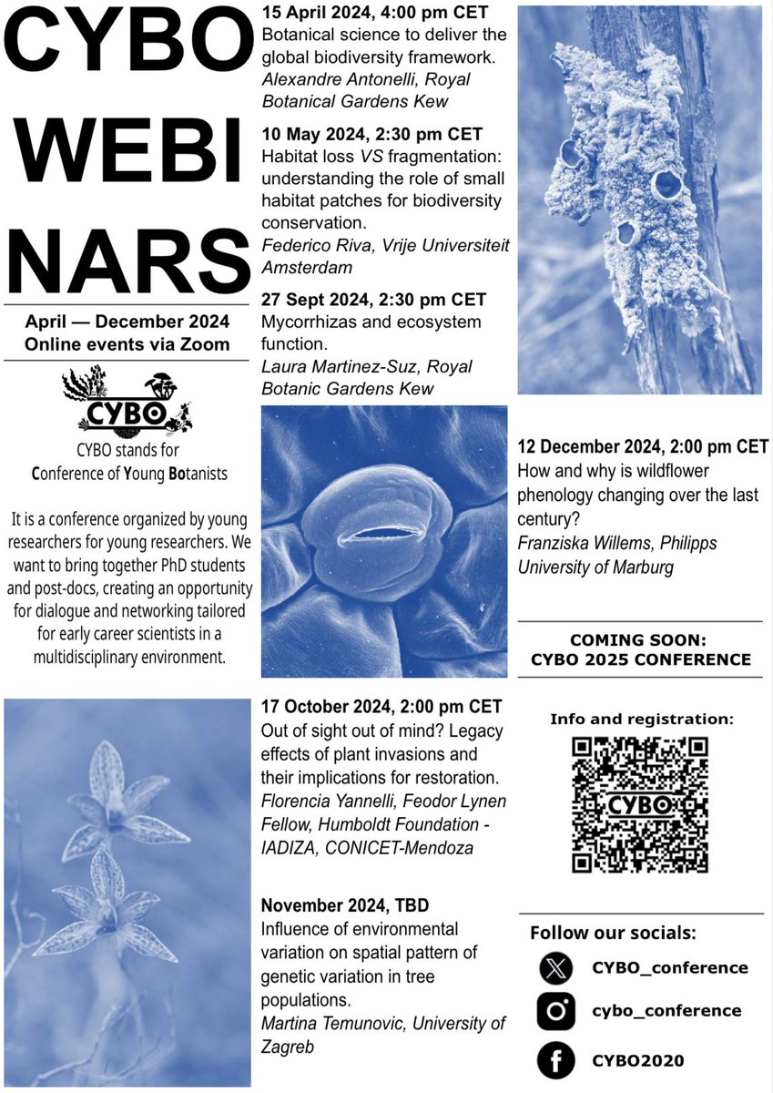CYBO free #webinars are back! Register using the QR code and enjoy our amazing speakers! #botany #plants #ecology #conservation #youngbotanists