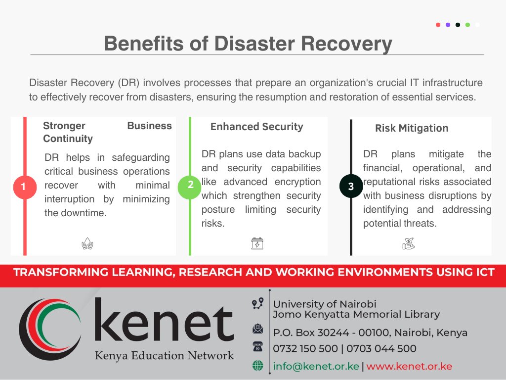 Disaster Recovery (DR) involves processes that prepare an organization's crucial IT infrastructure to effectively recover from disasters, ensuring the resumption and restoration of essential services. What are other benefits of disaster recovery? #KENET