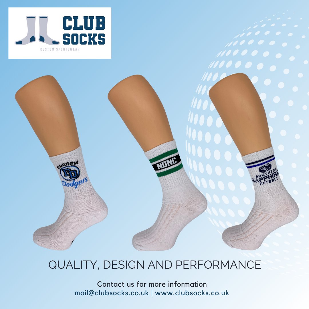 ClubSocks's tweet image. Our cotton sports socks come in 2 sizes.  We can do a calf high sports socks suitable for netball, badminton, tennis and a slightly higher sock suitable for basketball.  You can add your logo, team name and team colours.
Message us on here or email mail@clubsocks.co.uk