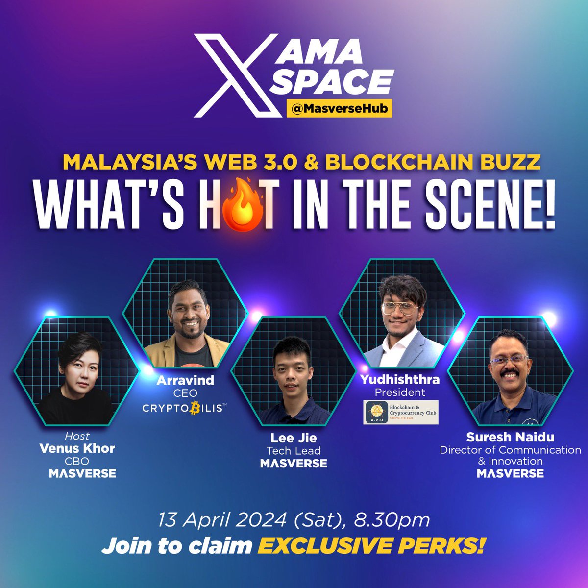 MasverseHub's tweet image. Set a reminder for our upcoming Space! 

It’s all about the latest trends and juicy insights straight from the experts. 

+++Join us to claim some awesome perks! Come hang out! Can’t wait to see you there! #Web3MY #BlockchainBuzz #AMAEvent 🌐✨ @apubcc…