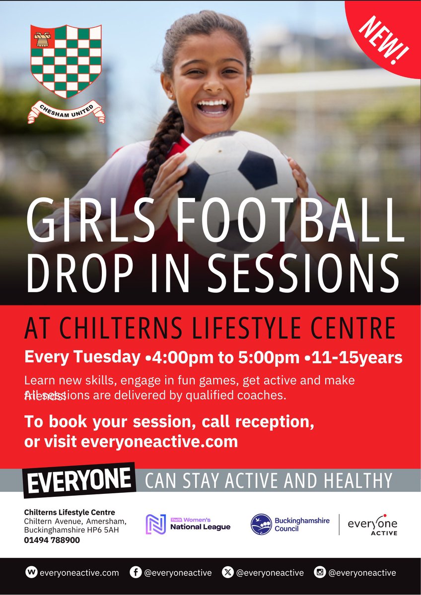 Looking forward to seeing a few new faces at @EveryoneActive Amersham later on. A fun session for girls 11-15 to learn some new skills and make some footballing friends! Come along at 4pm if you have a daughter that would like to join in!