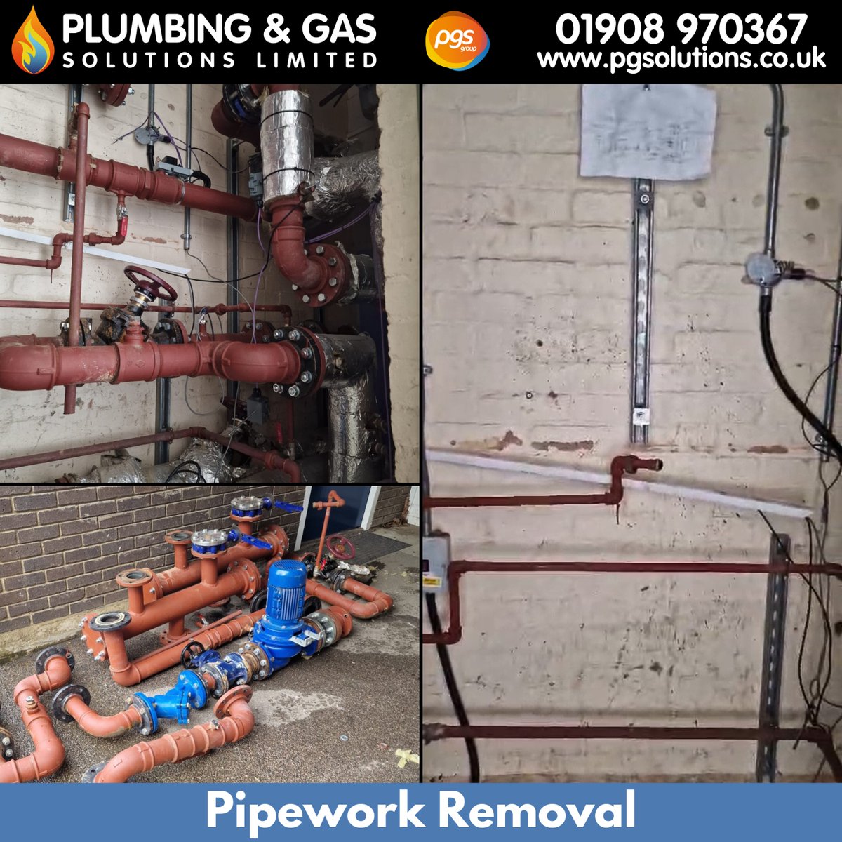 This client has asked us to replace this old pipework on their site. 👨‍🔧 We had to isolate this section of their system and then remove all of the old pipework, to prepare for the installation of brand-new pipework. 🛠 For all your plumbing needs, call PGS. 01908 970367 📞