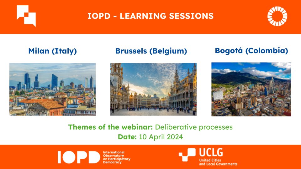 🧐Do you want to learn more about Deliberative Processes? The cities of Milan, Bogotá and Brussels will present their practices during our next #IOPD Peer Learning session! 🗣️ 🗓️Date: 10 April at 16 CEST (GMT+2) Join the session: us06web.zoom.us/meeting/regist…