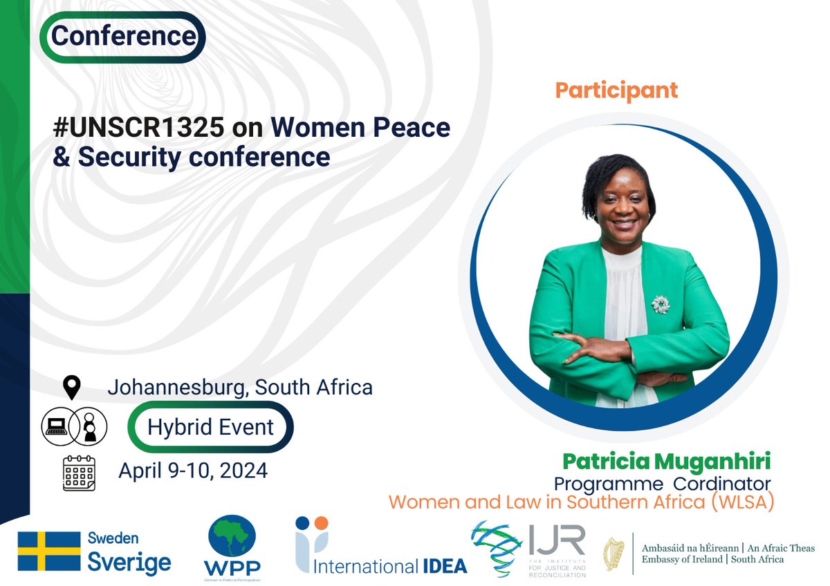📢Today, Ms Patricia Muganhiri, #WLSA programmes Coordinator, will facilitate an important discussion on Women and Mediation: How to Achieve Transformative Peacemaking at the Conference on Critical Conversations on Women, Peace & Security in Africa. #UNSCR1325 #WomenLeadAfrica