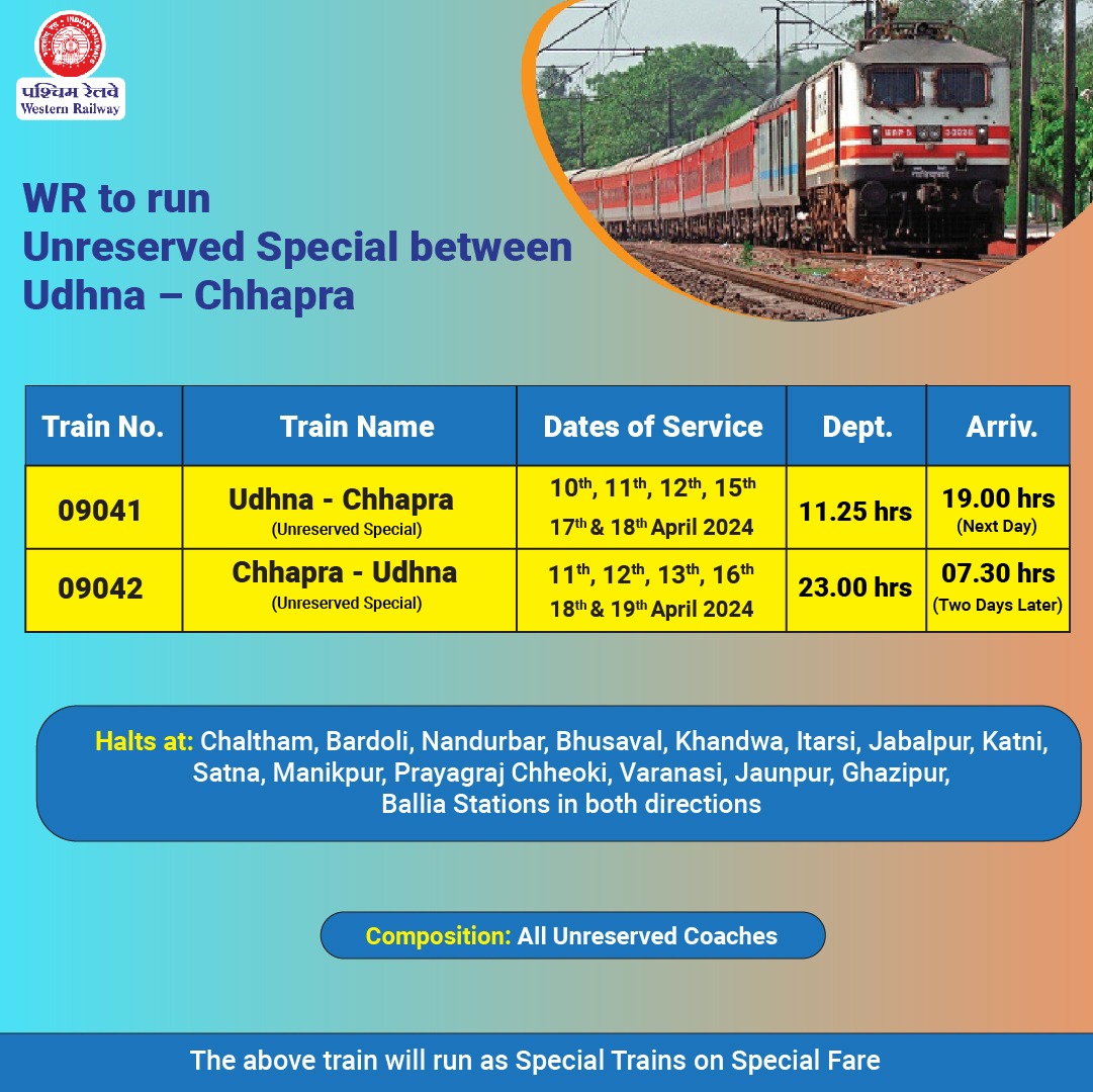For the convenience of passengers and keeping in mind travel demands, WR has decided to run Train no. 09041/42 Udhna - Chhapra - Udhna Unreserved Special Train

#WRUpdates