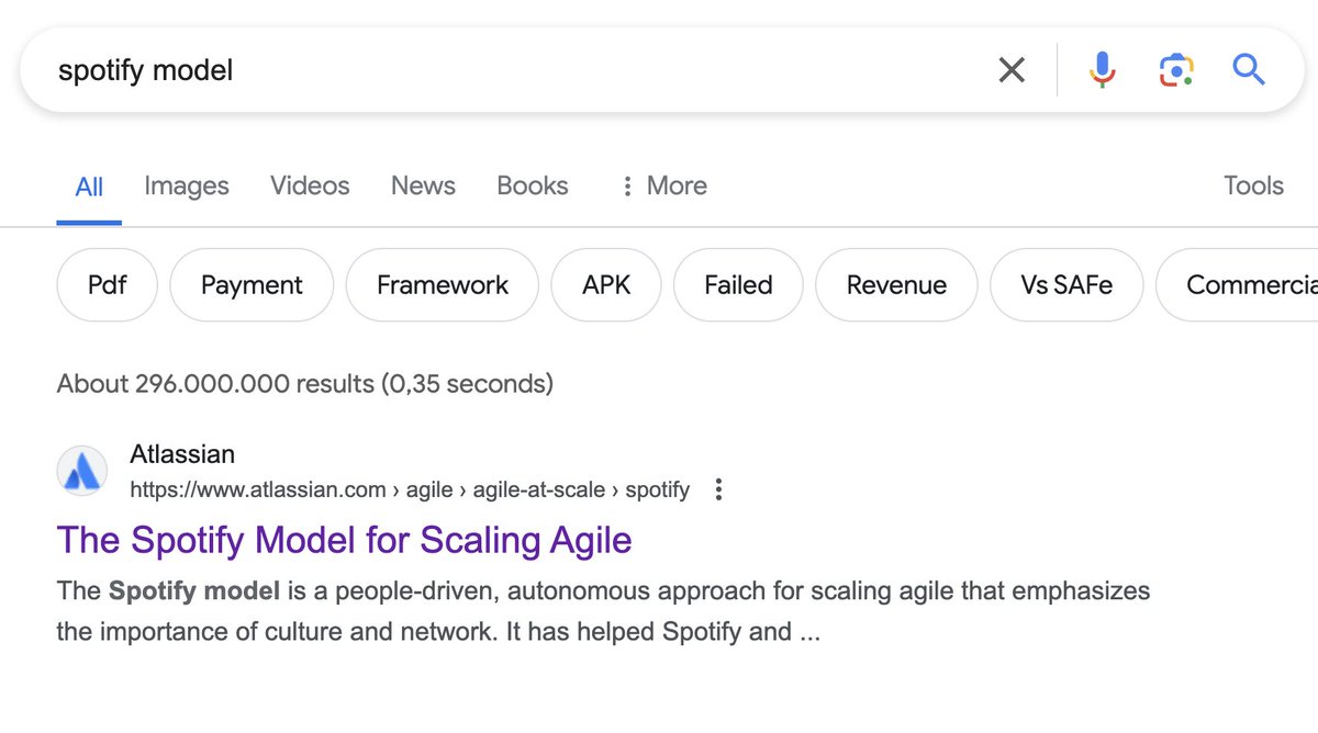 One of the bigger mind-bends in tech is how Spotify never *truly* used the Spotify model (they iterated and moved on). The #1 ranking search result is Atlassian indirectly promoting this tooling with it.

We now have companies thinking they are copying Spotify: but they are not!
