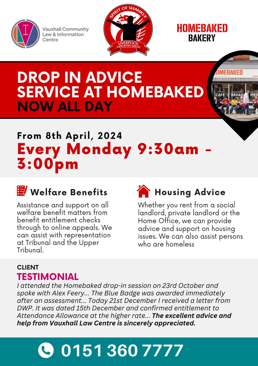Our community initiative with @spiritofshankly at @HomebakedBakery is on again today! Visit us from 9.30am-3:00pm at Homebaked Anfield for confidential welfare rights advice on either applying for PIP or disputing a DWP decision. Drop into speak with advisors. #AccessToJustice