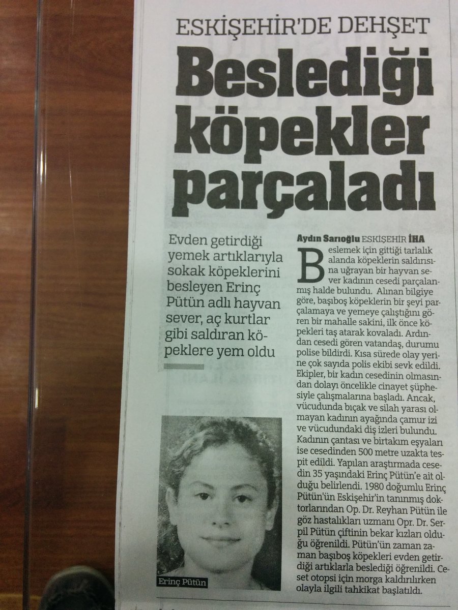 Dr Erinç Pütün hanım iyilik yaptığı başıboş köpekler tarafından öldürüldü. Başıboş köpeklerin ne kadar tehlikeli olduğunu ekstra anlatmaya gerek yok!

  #MaliyeBakanınaTavsiyem Ramin Sınır Dışı Edilsin Fikret Yunus #ASUSVivobookS15