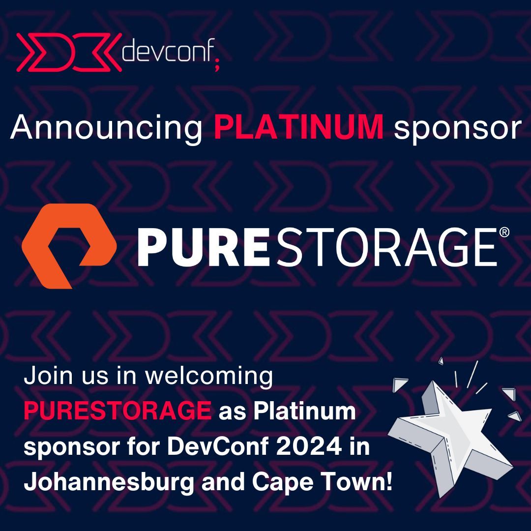 📣We're stoked to have @PureStorage  onboard as a Platinum Sponsor for #DevConf2024 in Johannesburg and Cape Town! Your unwavering support for the developer community is invaluable. Get ready for an epic conference! 🚀