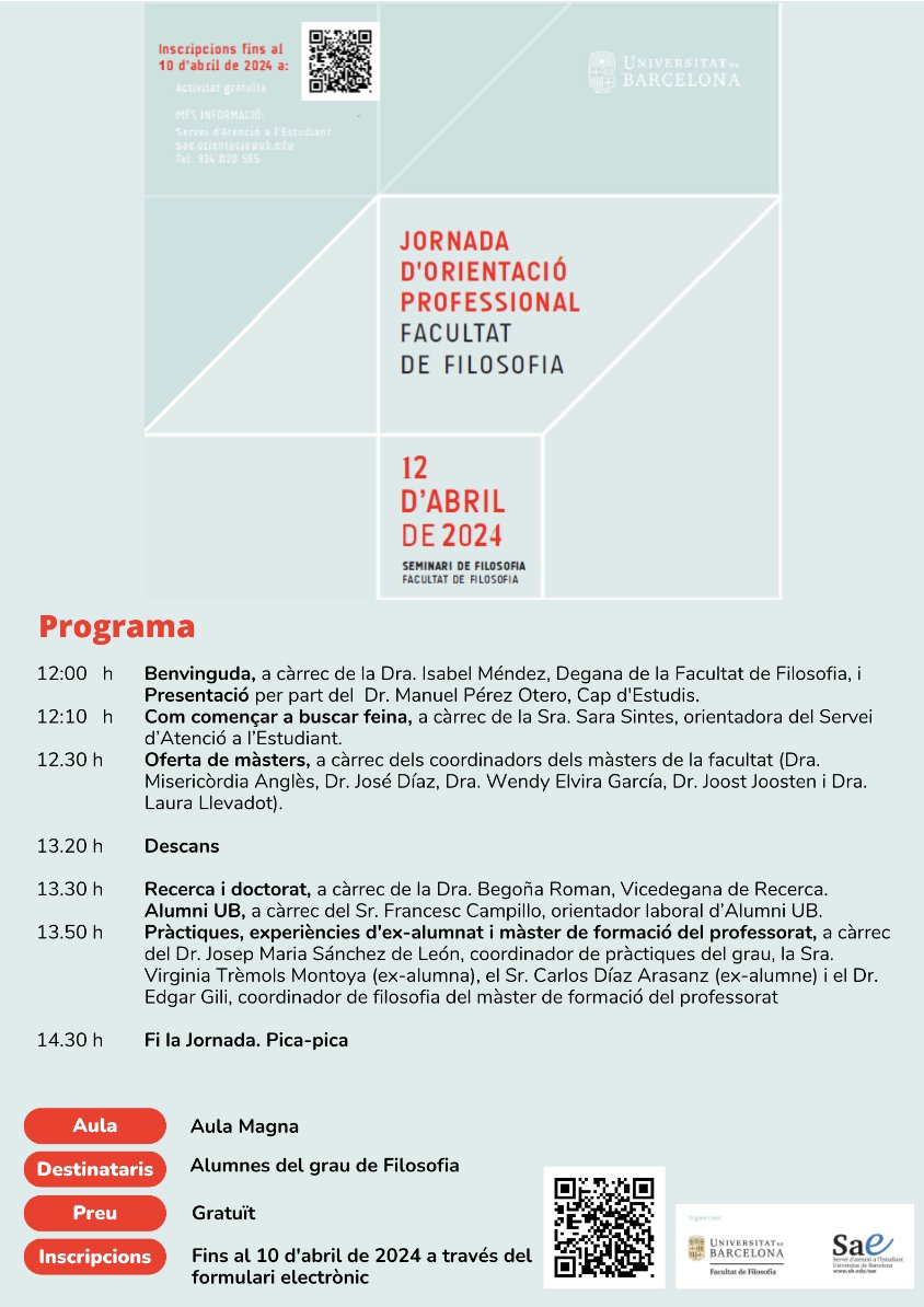 📢 The Faculty of Philosophy is promoting an Open Guidance Day on April 12th. For those interested, it will be a great opportunity to get to know the MA programmes in Philosophy of the University of Barcelona. aphil.ub.edu/news/jornada-d…