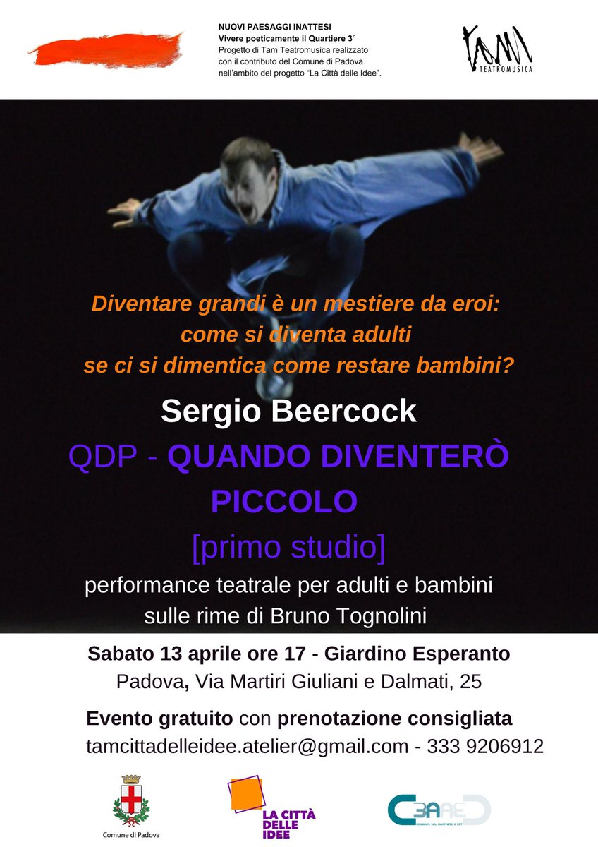 𝐐𝐮𝐚𝐧𝐝𝐨 𝐝𝐢𝐯𝐞𝐧𝐭𝐞𝐫𝐨̀ 𝐩𝐢𝐜𝐜𝐨𝐥𝐨 𝑃𝑒𝑟𝑓𝑜𝑟𝑚𝑎𝑛𝑐𝑒 𝑡𝑒𝑎𝑡𝑟𝑎𝑙𝑒 𝑝𝑒𝑟 𝑎𝑑𝑢𝑙𝑡𝑖 𝑒 𝑏𝑎𝑚𝑏𝑖𝑛𝑖 #Padova, Giardino Esperanto 13 #aprile, ore 17 👉 t.ly/cctAY @padovamusei @comunepadova #Teatro #Cultura #arte #eventi #events #Italy