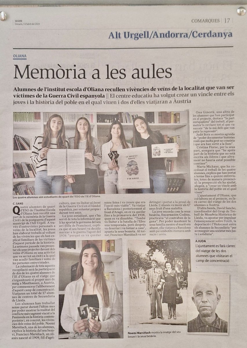 Avui al @SEGREcom podeu llegir la notícia del projecte de memòria històrica de l’IE Oliana, que forma part del @DemdLleida, que ha coordinat la nostra companya @MartaMichans. Moltes felicitats!
