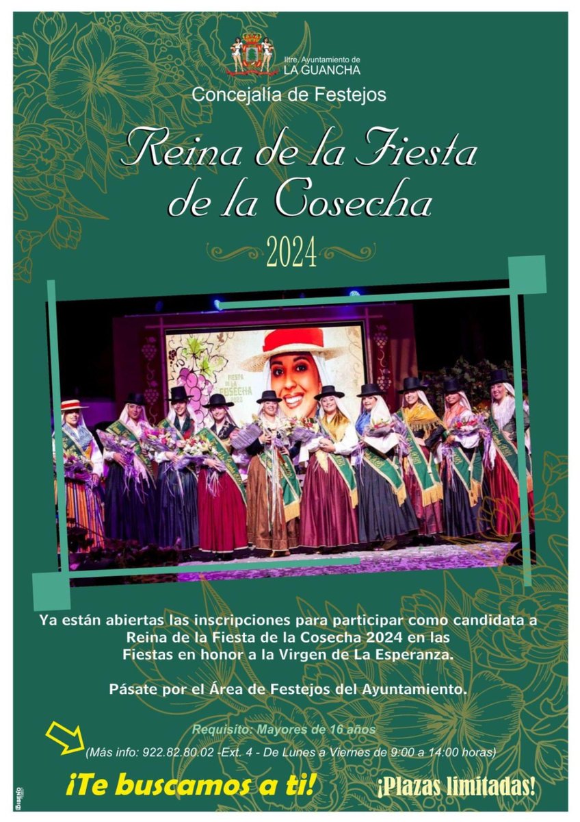 Abierto el plazo de #inscripción para participar en la Gala de la Reina de la #FiestadelaCosecha de #LaGuancha, en el marco de las #fiestaspatronales 2024.

📲 922828002 ext. 4 
De lunes a viernes, de 9.00 a 14.00 horas. ¡Plazas limitadas!