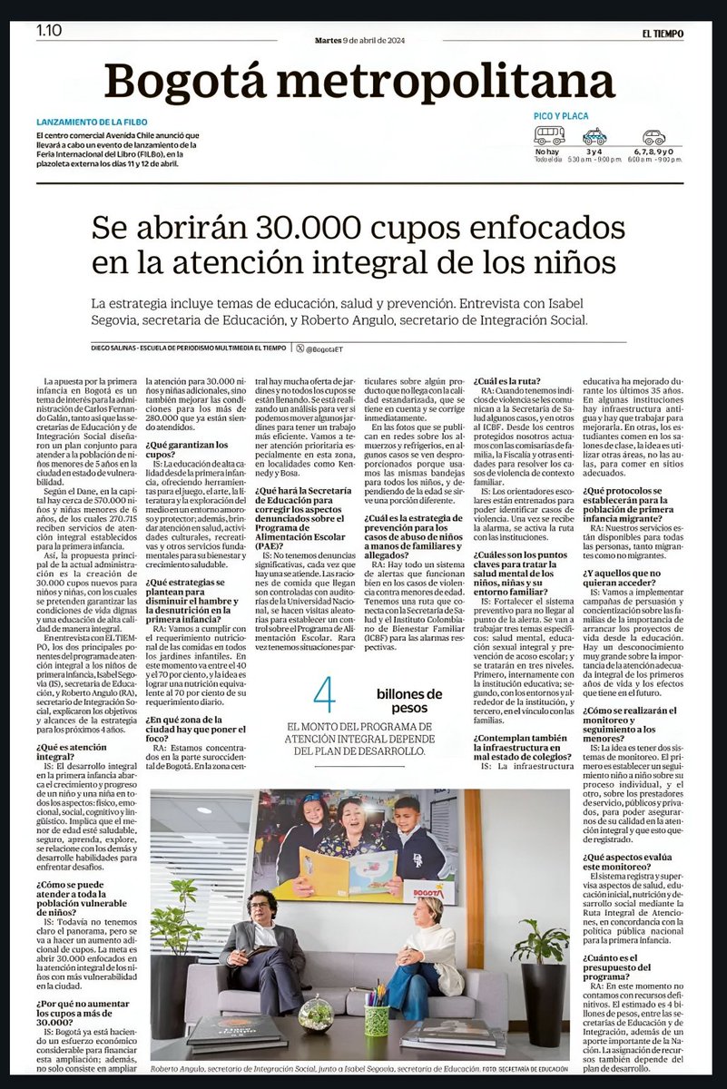 @Bogota será referente de atención integral a la primera infancia! Juntos, @integracionbta y @Educacionbogota, queremos que las niñas y niños aprendan y se desarrollen felices y sanos. 👉🏻 Hoy en @ELTIEMPO, con @RobertoAnguloS, contamos cómo lo haremos: eltiempo.com/bogota/primera…