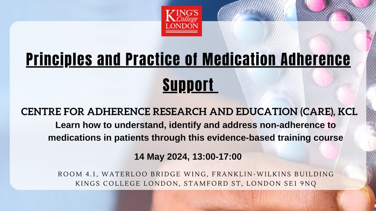 💊 Adherence training for #healthcare professionals is crucial for ensuring patient outcomes. 

Join our CARE course to understand the complexities of medication adherence, support patients  and ultimately enhance overall #health outcomes:  
estore.kcl.ac.uk/conferences-an…