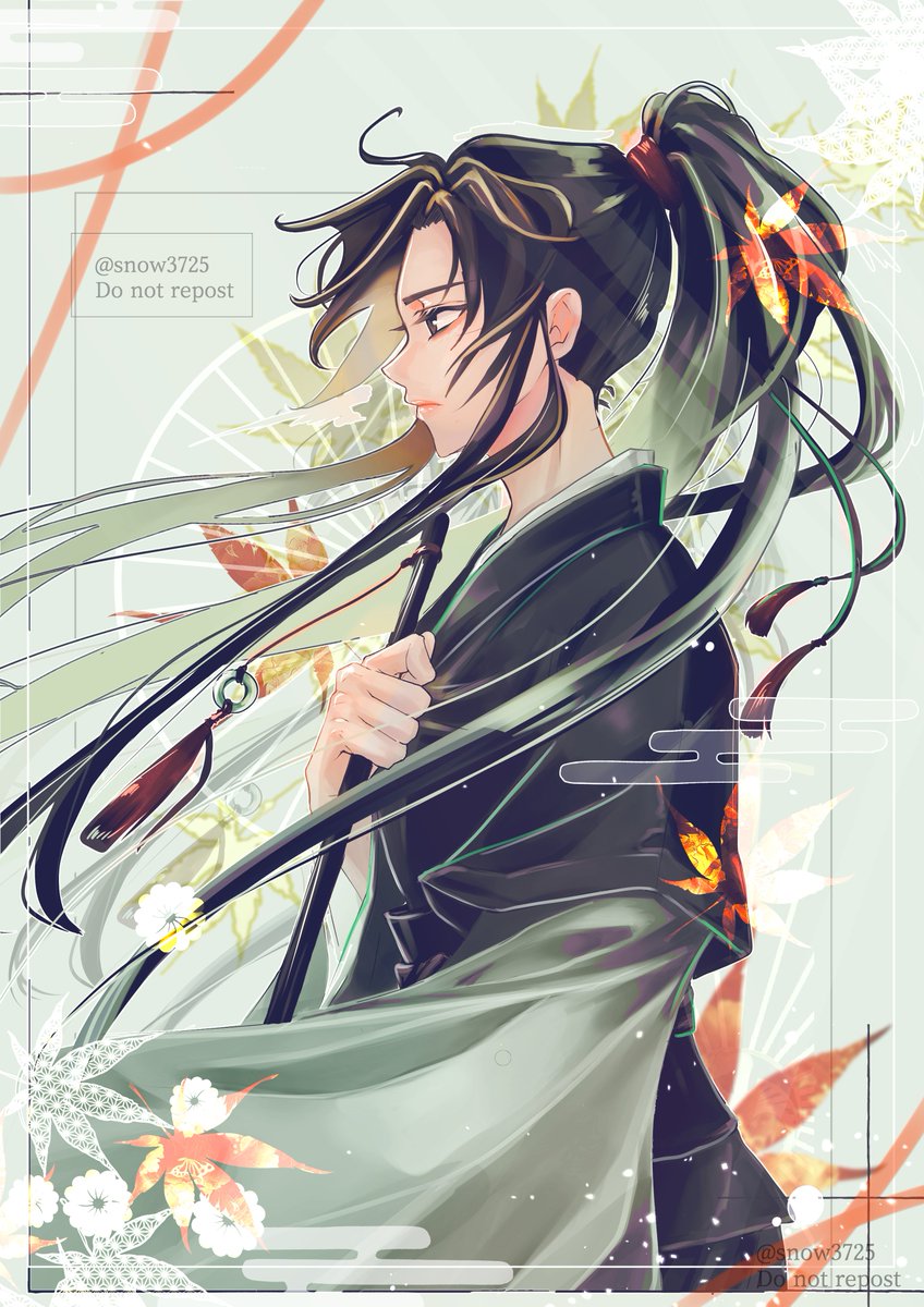 solo long hair black hair long sleeves 1boy holding ribbon  illustration images