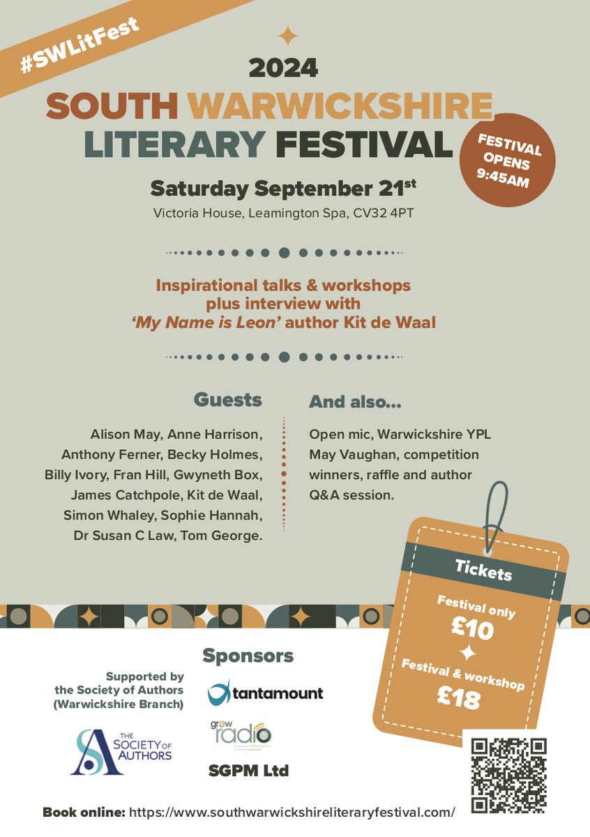 In case you weren't sure - The South Warwickshire Literary Festival is on Saturday 21st September at Victoria House #Leamington Spa. Tickets are selling so book early to avoid disappointment! £10 & £18. #localauthors #poets #youngpoetlaureate #fiction #talks #openmic #workshops🙂