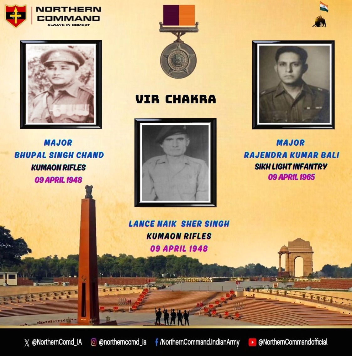 09 April 1948 #JammuAndKashmir Major Bhupal Singh Chand, Major Rajendra Kumar Bali & Lance Naik Sher Singh displayed conspicuous courage & undaunted bravery during an encounter with the enemy. Awarded #VirChakra. #RememberAndNeverForget #LestWeForgetIndia Read more about the…