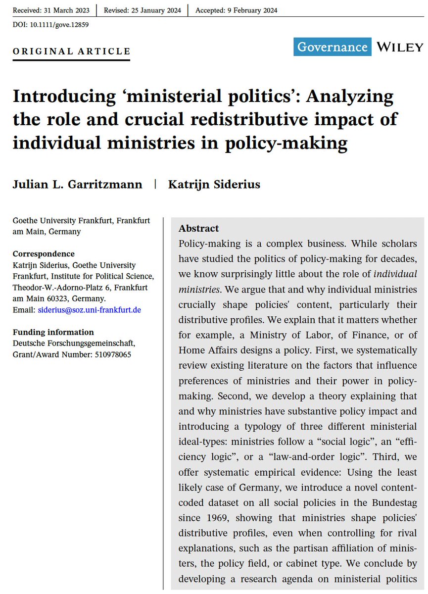 New paper out in @Gov_Journal: @ksiderius & I analyze the role & distributive impact of individual ministers in policy-making. We show: Controlling for a range of alterantive explanations, which ministry drafts a bill has substantive implications (for inequality). (Thread)