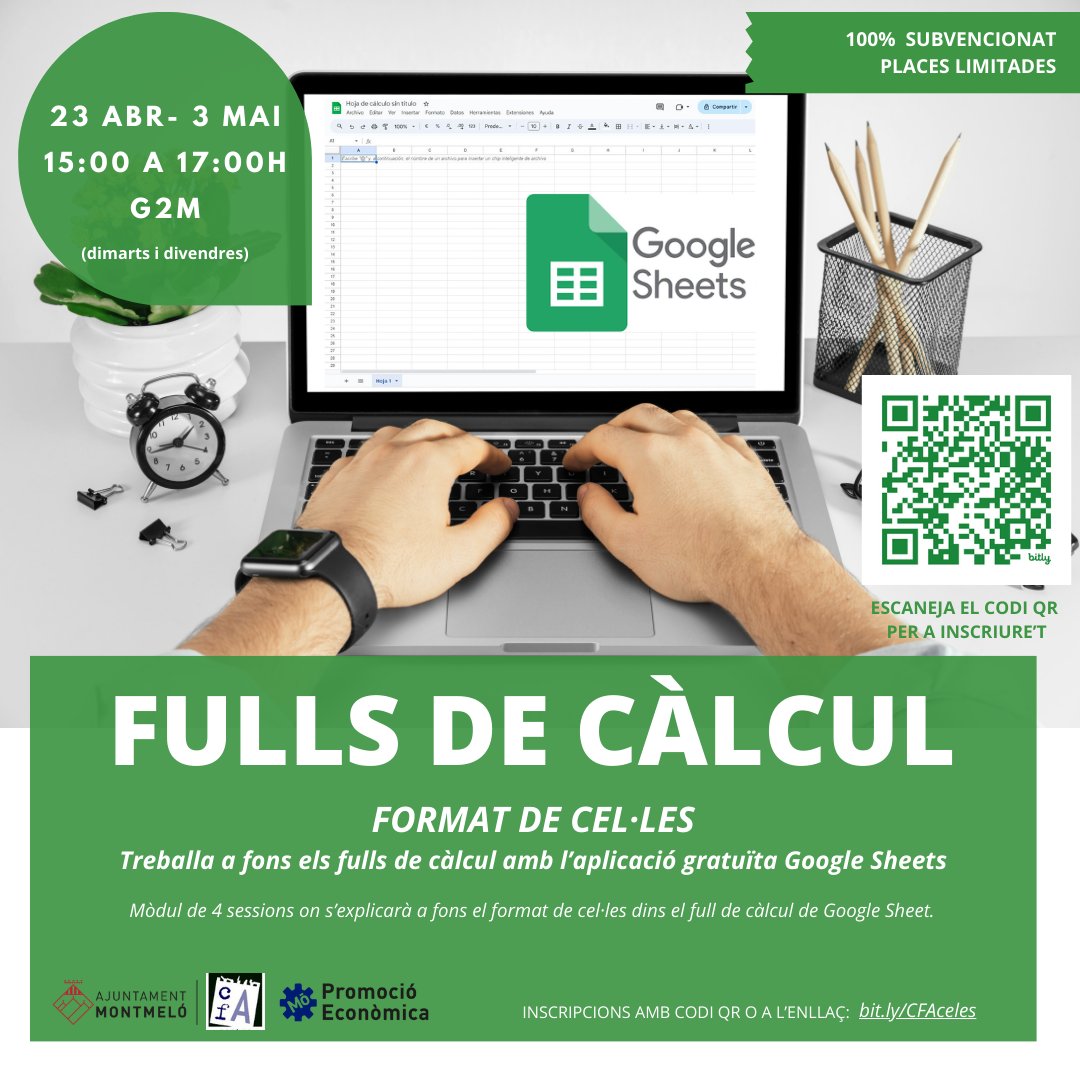 ❓Vols aprendre a utilitzar fulls de càlcul (Excel) amb l'aplicatiu gratuït Google Sheet? ❗Formació subvencionada. 📆 Dimarts i divendres de 15:00 a 17:00h a la G2M  ✅Inscripcions bit.ly/CFAACTIC2 ➕ info: Centre Formació d'Adults ☎️ 935 72 09 97