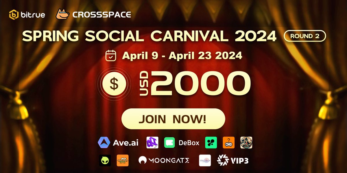 🎆 Spring Social Carnival Giveaways are back! 🎉 Join the 2nd round of Spring Social Carnival hosted by @BitrueOfficial and @CSpaceOfficial for an epic Giveaway! This event features 11 leading Web3 partners and kicks off on @taskonxyz. 🎁 Prize pool: USD $2,000 and equivalent…