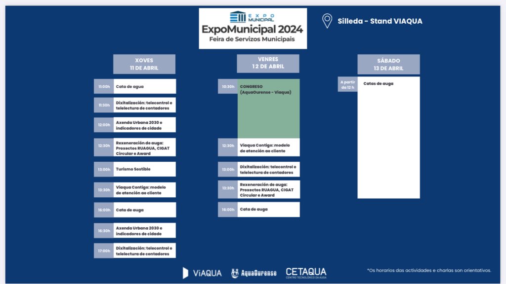🔔🚨🔔🚨
Comparto el programa de actividades que vamos a llevar a cabo en el stand de @VIAQUA Gestión Integral de Aguas de Galicia, S.A.U. durante los días 11,12 y 13 de abril en la Feria de Servizos Municipais #ExpoMunicipal2024 que se celebrará en Silleda. 

😀Os esperamos!!!!