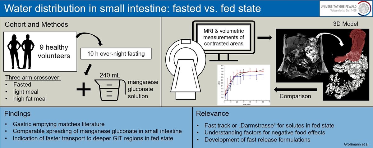 MRI study finds rapid transit of ingested water in small intestine, similar in fasting and postprandial states, impacting drug absorption kinetics. 
⭐️#openaccess #PharmaTwitter #MedTwitter #DrugAbsorption #Pharmacokinetics #research doi.org/10.1016/j.ejpb…
