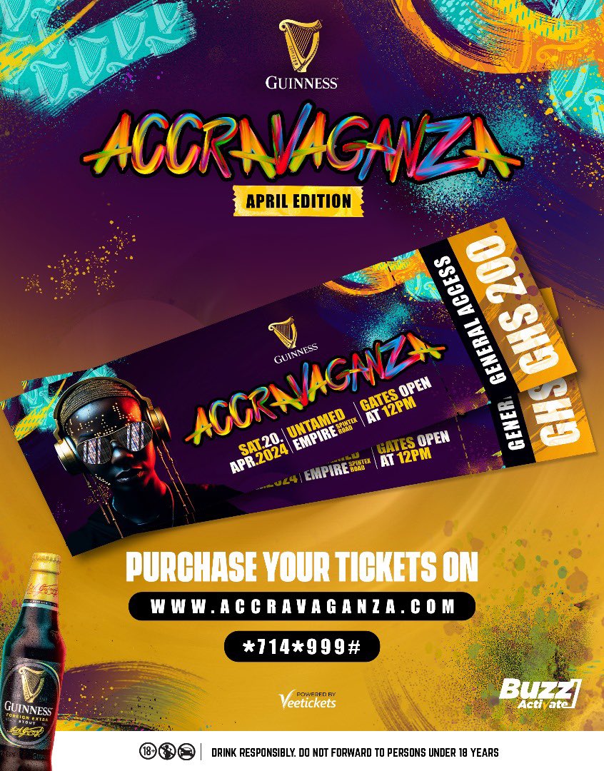 🎟️TICKETS ARE OUT AND SELLING!! #GuinnessAccraVaganza #Guinness 

📱👉🏿 USSD : *714*999#
💻👉🏿 accravaganza.com