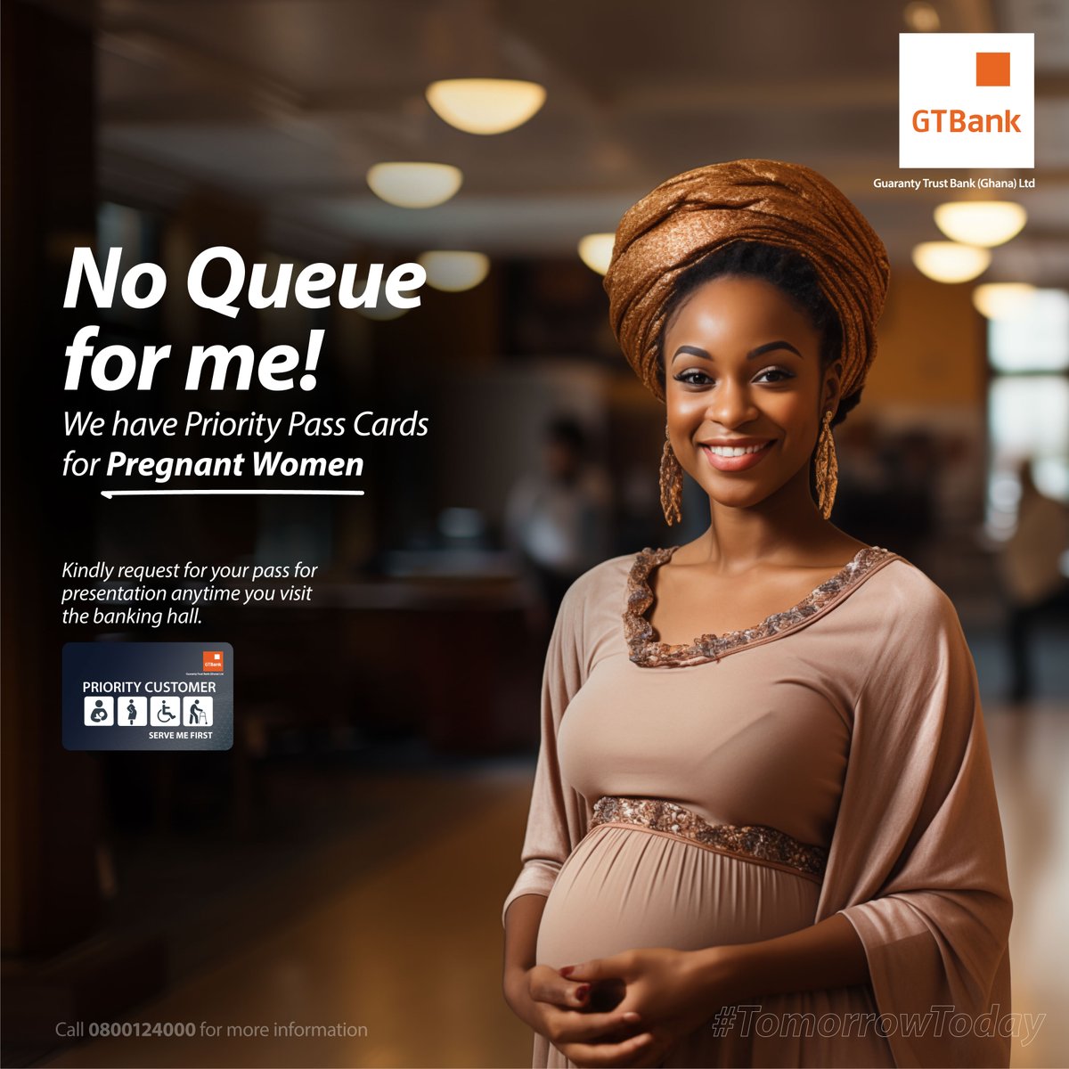 If you’re a pregnant woman, physically challenged, a senior citizen, or a nursing mother, don’t worry about queuing to do your banking at our branches.  Request for yours when you enter the banking hall.
#PriorityPass
#GTBankgh
#GreatExperiences