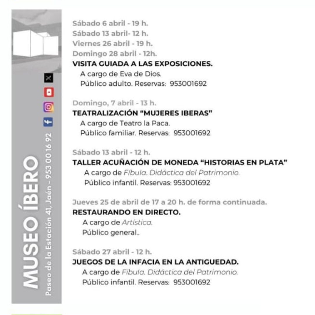 📆 Agenda de actividades y exposiciones para el mes de abril en el Museo Íbero
👉Visitas guiadas
👉Teatralización
👉Talleres infantiles
👉Restauración en directo
Y mucho más...

#VenAlÍbero #VenAlMuseo 
@CulturaAND @culturayPHJaen @ayalamendi