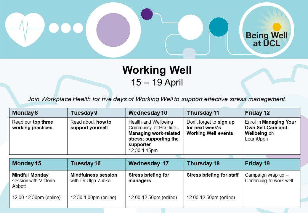 📣Stress is prevalent in the workplace; everyone has a role to play. Exciting news 🌞 Workplace Health’s latest campaign ‘Working Well’ is here. Join us through the week of April 15 for events, sessions and more➡️ ucl.ac.uk/human-resource… #WorkingWell