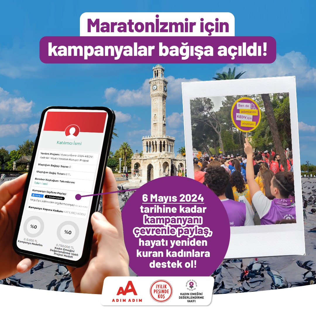 Maraton İzmir için kampanyalar bağışa açıldı! 6 Mayıs 2024 tarihine kadar sen de hayatı yeniden kuran kadınlara destek olmak için kampanyanı çevrenle paylaş! @maraton.izmir @adim_adim #KEDV #KEDViçinKoşuyorum #Kadın #AdımAdım #İyilikPeşindeKoş #Maraton #Maratonİzmir