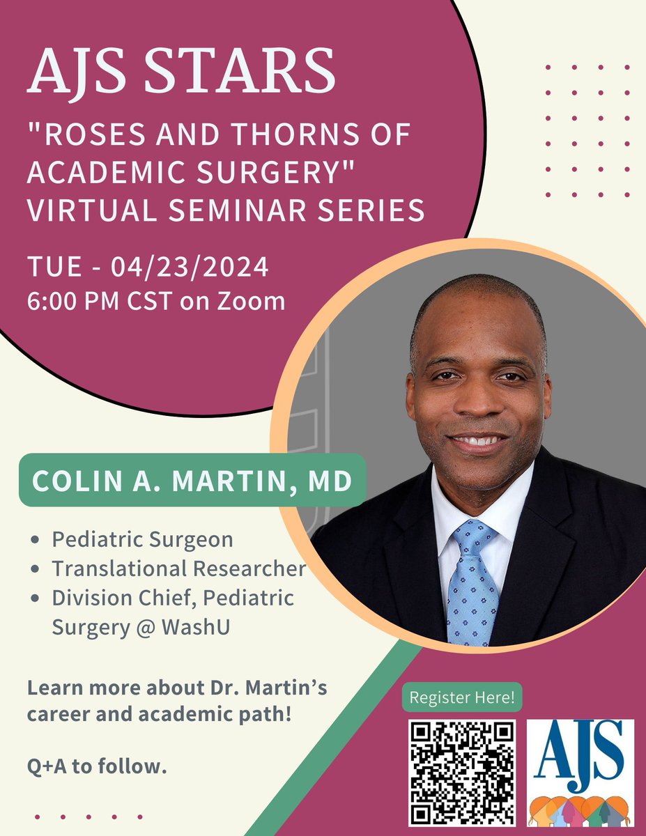 🌟🌹Join @ajs_stars for our next 'Roses & Thorns of Academic Surgery” Virtual Seminar Series with @colinalexmartin, Division Chief of @WashUPedSurg on 4/23/2024, 6pm CST!🌹🌟 @WashUSurgery 🗣️Learn more about Dr. Martin's career and academic path! ✏️: tinyurl.com/46bbhvry