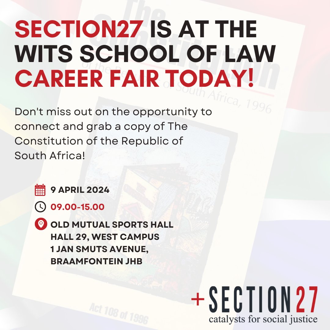 Swing by SECTION27's booth at the @WitsSchoolofLaw #CareerFair today! Grab your pocket-sized copy of the #ConstitutionofSouthAfrica. Don't miss this chance to connect and empower yourself with essential knowledge!