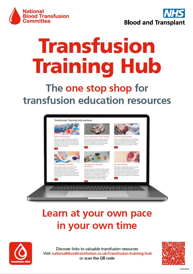 From April 8th,Transfusion 2024 is proud to launch the new ‘Transfusion Training Hub’ a free, easily accessible webpage hosted on the NBTC website, providing direct links to many educational transfusion resources all in one handy place nationalbloodtransfusion.co.uk/transfusion-tr…