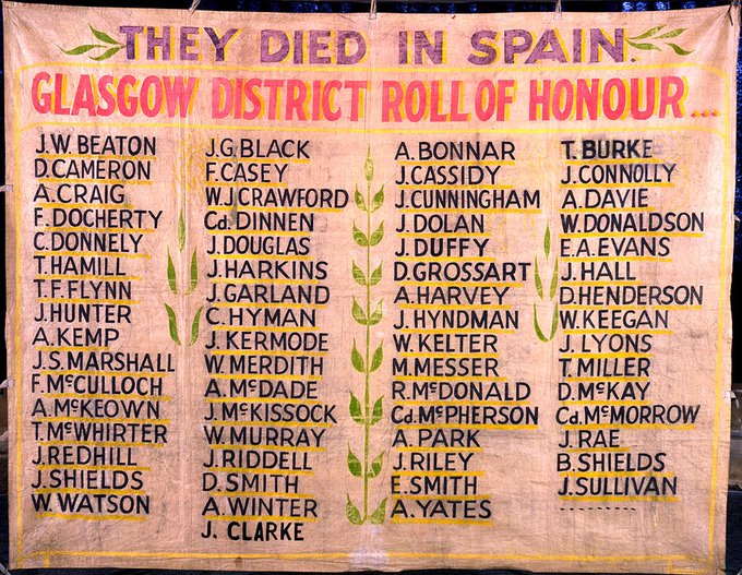 Banner with the names of the 65 Glaswegians who died fighting in the International Brigades in Spain. Almost one third of this number died in the Battle of Jarama on 12-14 February 1937. Part of the People's Palace collection