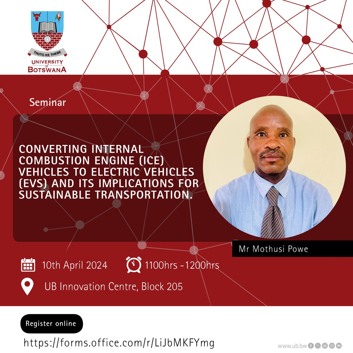 #PublicInvitation CONVERTING INTERNAL COMBUSTION ENGINE (ICE) VEHICLES TO ELECTRIC VEHICLES (EVS) AND ITS IMPLICATIONS FOR SUSTAINABLE TRANSPORTATION. Date: 10th April 2024 Venue: UB Innovation Centre, (Block 205) Time: 1100hrs - 1230hrs Register: forms.office.com/r/LiJbMKFYmg