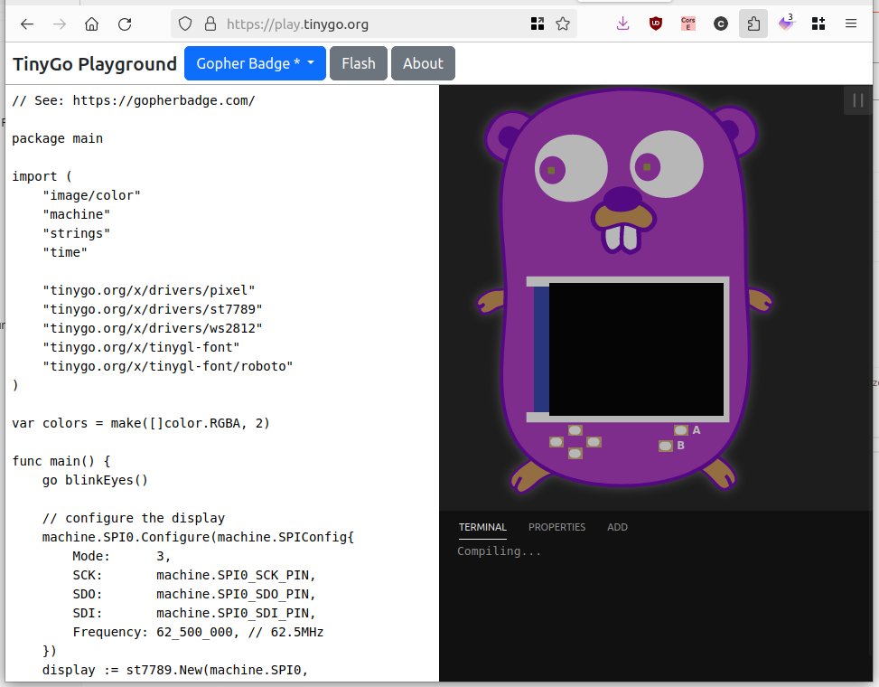 And we have a little surprise, #gopherBadge is now available at the @TinyGolang 's playground as a emulated device!! Thanks to the work of @aykevl 🎉 >>> play.tinygo.org <<< I now need to include it in the blockly/badge's playground too 😬